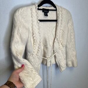 Pure Cashmere Ivory Cable Knit Bobble Tie Front Cardigan Sweater Pearl Button M